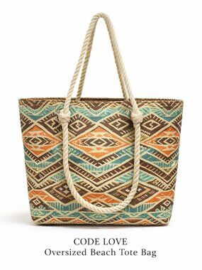 CODE LOVE Chevron Boho Jumbo Beach Coastalcore Cruise Tote Bag